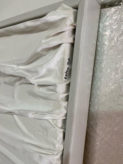 A detail of the back of the fabric art canvas, signed and ready for delivery. This small detail is a mark of authenticity and personal touch on every piece I create.