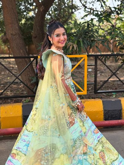 The complete look of the carnival bride. The hairstyle is an essential part of her overall vibrant and festive ensemble.