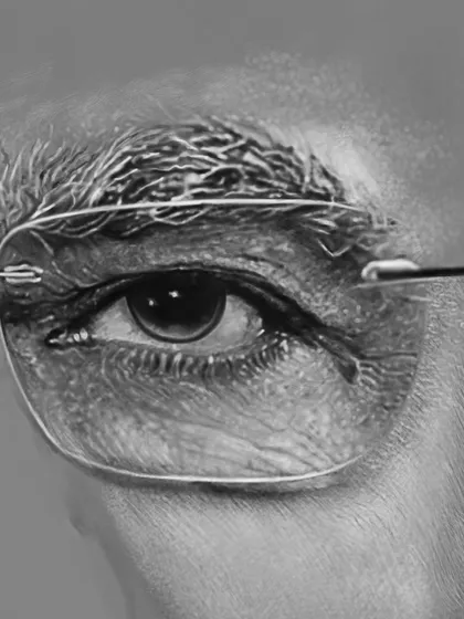 A close-up of the eye from my portrait of Narendra Modi. You can see the detailed wrinkles and the fine strands of the eyebrow, all drawn by hand over many hours.