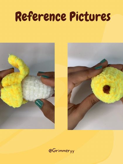 These reference pictures show how the finished banana looks. On the left, you can see the fruit partway out of the peel, and on the right, you see the bottom of the peel.