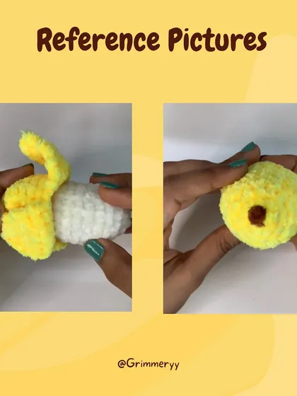 This graphic shows some reference pictures for my free no-sew banana pattern. It's a quick project that only takes about 30 minutes.