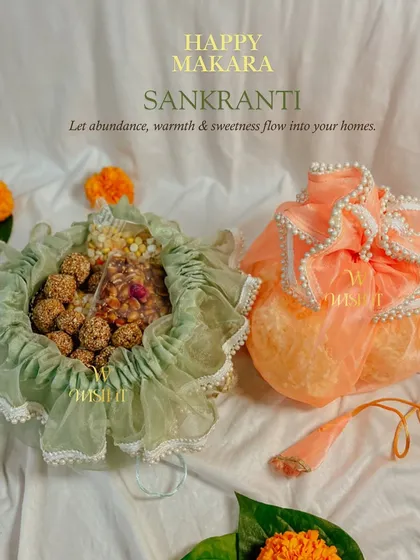 My "Shubha Sankranti Pearl Potli", thoughtfully curated with festival essentials like Ellu Bella, sugarcane sticks, and chikkis.
