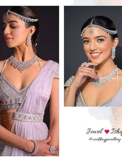 A full look showcasing our millennial diamond collection with a stunning modern lehenga. The clean, sparkling lines of the jewellery create a look that is sophisticated, fresh, and utterly chic.