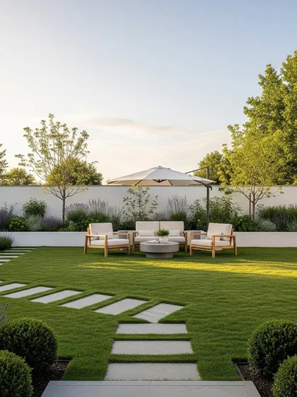 An example of our minimalist garden design, featuring a pristine natural lawn sectioned by a clean, modern pathway of stone pavers. The design incorporates carefully selected shrubs and a dedicated seating area for a calm, uncluttered aesthetic.