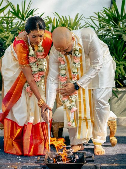I have had the honor of hosting many beautiful South Indian weddings. The lush greenery and traditional decor elements, like floral arrangements and brass lamps, create an authentic and sacred atmosphere for the ceremony.