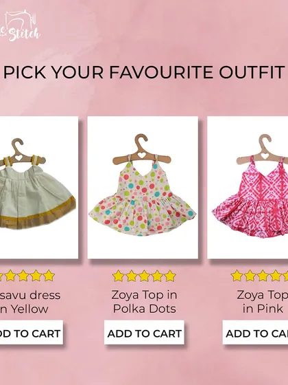 Which is your favorite? The traditional Kasavu dress, the playful polka dot Zoya top, or the trendy pink Shibori Zoya top? I love creating different styles for every little personality.