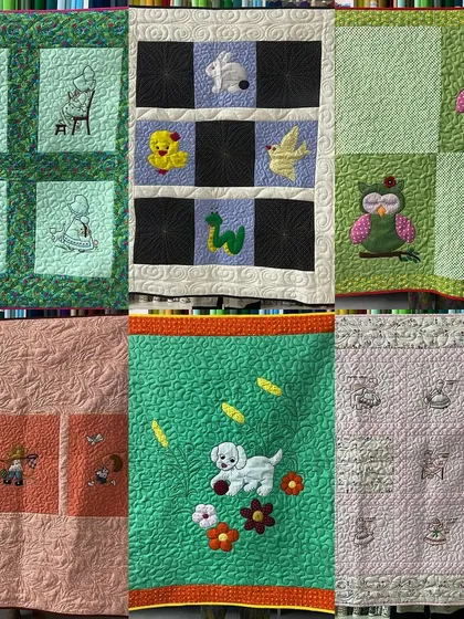 A collage of six different baby quilts, showcasing a variety of appliqué and embroidery work.