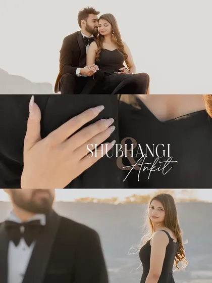 A personalized collage from a desert shoot, highlighting key moments from a romantic and formal pre-wedding session.