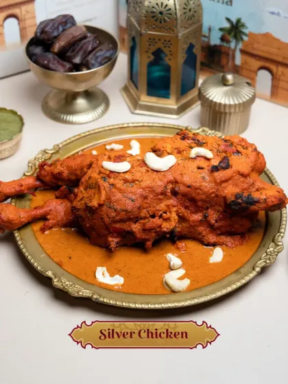 A closer look at our Ramadan special, the Silver Chicken, garnished with cashews and ready for a royal Iftar.