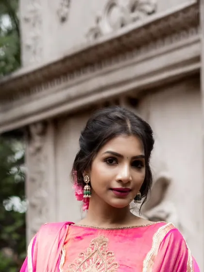 A beautiful blend of tradition and modernity. This off-white hand-painted Mangalagiri silk pleated lehenga is paired with a contemporary pink blouse with dramatic bishop sleeves.