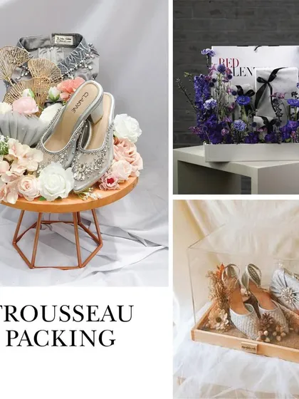 Trousseau packing is an art form we've perfected. This collage displays our expertise in creating stunning presentations for bridal gifts, using floral arrangements, acrylic cases, and elegant platters.