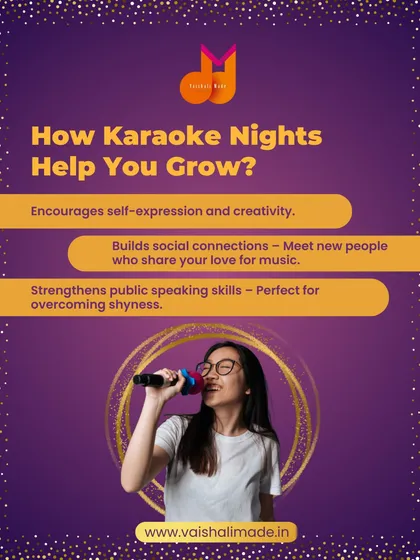 This graphic is a fun post about our Karaoke Nights special. It highlights the personal growth benefits of karaoke, such as self-expression, social connection, and overcoming shyness.
