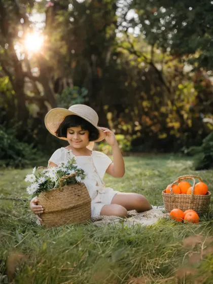 A young girl in a straw hat sits in a field with baskets of flowers and oranges. This styled outdoor kids photoshoot has a charming, rustic feel.