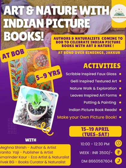 A poster for our "Art & Nature with Indian Picture Books" summer week. This camp featured authors and naturalists who led activities like scribble-inspired art, nature walks, and making your own picture book.