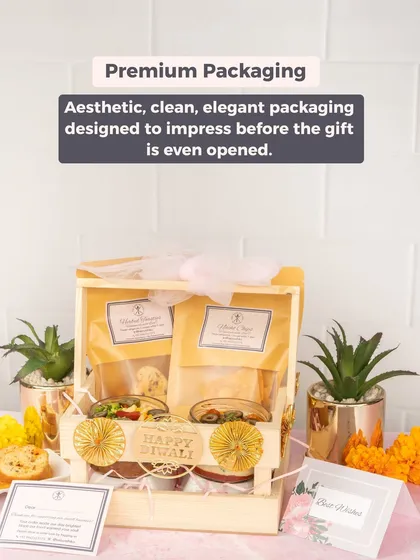 First impressions matter. Our premium packaging, like this elegant wooden crate with a 'Happy Diwali' topper, is designed to impress before the gift is even opened, making your gesture truly memorable.