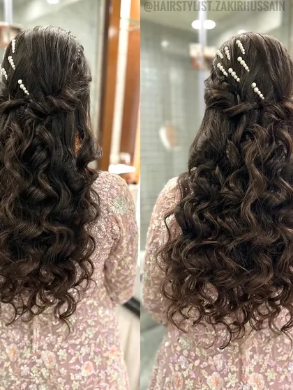 A dual-angle view of a half-up style with a braided crown and curls, decorated with scattered pearl pins.