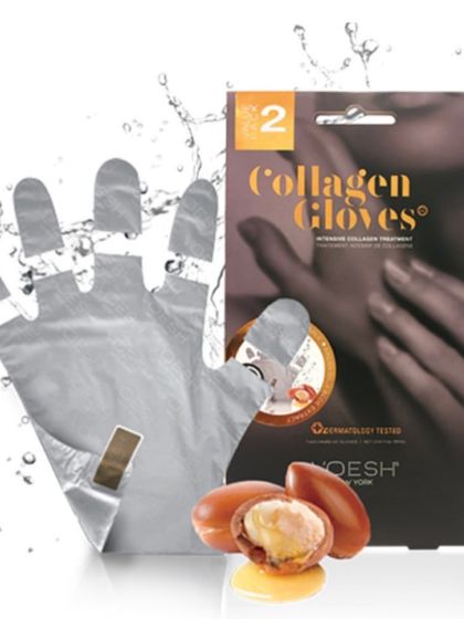 A product shot of the intensive collagen gloves I use in my deluxe manicures. They are packed with botanical extracts to provide a deeply nourishing hand treatment.