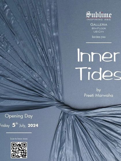 The invitation for 'Inner Tides' by Preeti Marwaha, featuring a textured, monochromatic artwork that explores abstract forms and upcycled materials.