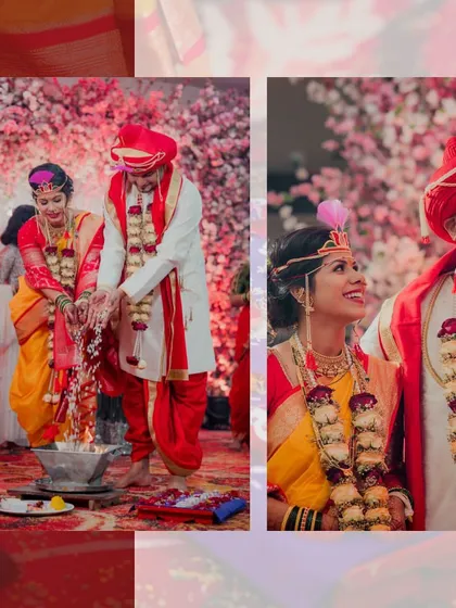 This collage captures two key moments of a Maharashtrian wedding. On the left, the couple participates in the Laja Homa ritual, and on the right, they share a joyful look after the ceremony, their garlands signifying their union.