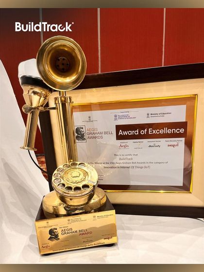 A close-up of the Aegis Graham Bell Award for Excellence in Innovation. Our Emergency Response System stands as a testament to our dedication to leveraging technology for critical safety applications.
