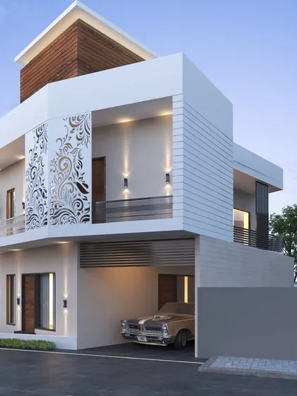 Another angle of the Narnaul corner residence, showing how the design elements wrap around the building. The clean white volumes are contrasted with wood accents and the intricate jali pattern.