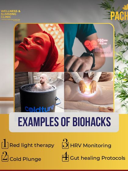 Biohacking includes a range of powerful techniques. Some examples are red light therapy for cellular regeneration, cold plunges to reduce inflammation, HRV monitoring to track stress, and gut healing protocols to rebalance your system.