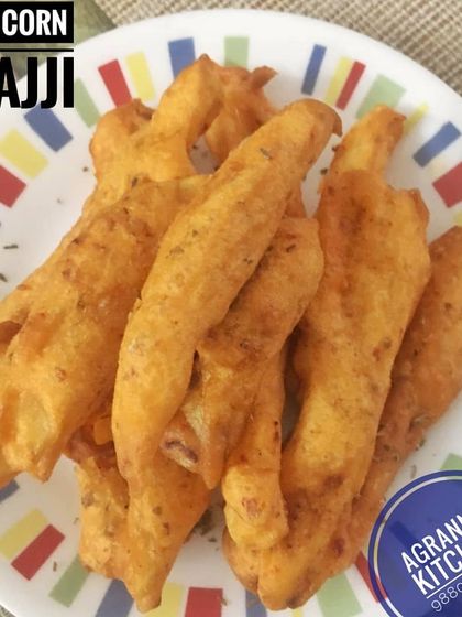 Crispy Baby Corn Bhajji, a delicious twist on the classic bhajji. The sweet baby corn pairs wonderfully with the savory, spiced batter, making it an irresistible snack.