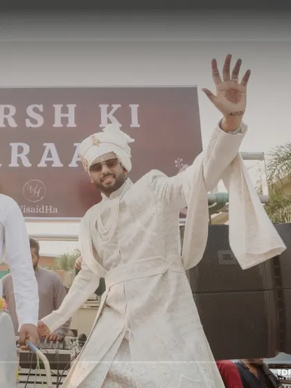 The groom dancing his way into forever during his baraat. We make sure the energy is high and the music is perfect for the procession.