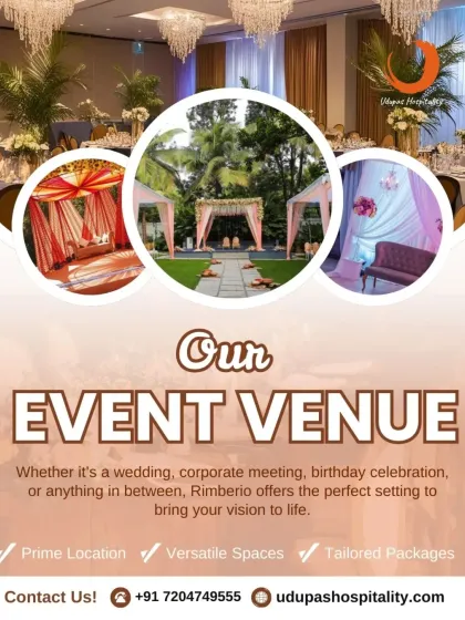 A collage showcasing the versatility of our event venues for weddings and other celebrations. We offer a mix of indoor banquet settings and outdoor mandap arrangements to bring your vision to life.