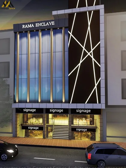 This is a 3D visualization for the 'Rama Enclave' commercial complex. The design features a modern glass facade with dynamic, crisscrossing light patterns to create a striking presence.