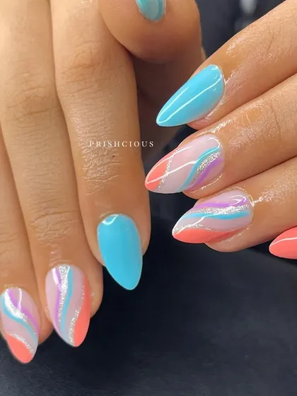 Another look at the pretty sunset swirl nails. The colors blend together beautifully for a soft, ethereal look.