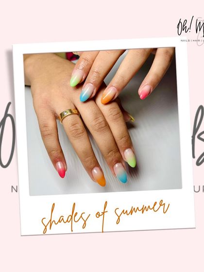 Blending shades like a sunset. This beautiful set features a vibrant summer ombre, transitioning from blue to green to yellow and pink.