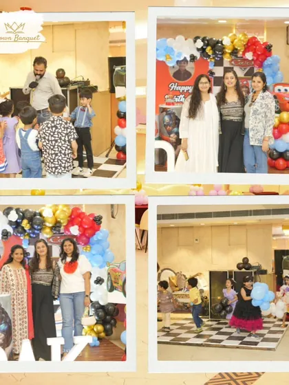 A fun-filled birthday party with a "Cars" theme. This collage shows kids enjoying the entertainment, the custom backdrop, and the checkered dance floor, highlighting our themed party capabilities.