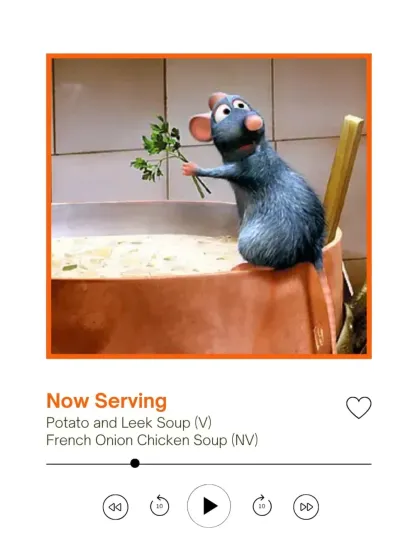 As Remy perfects his soup, we serve ours. This "Now Serving" graphic features the Potato and Leek Soup, a key dish from the film that we bring to life for our guests.