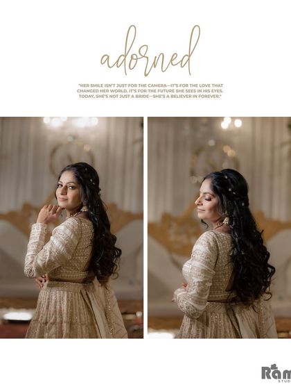 A diptych showcasing the bride's elegance during her engagement. The poses highlight her beautiful hair and the intricate details of her outfit, creating a graceful and stylish portrait.