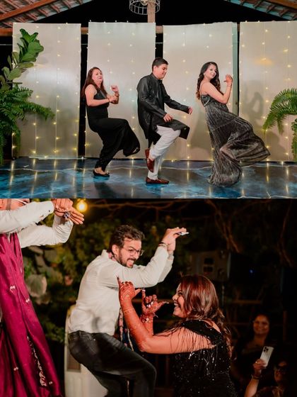 A collage of dance performances from the cocktail party, showing friends and family celebrating with the couple.