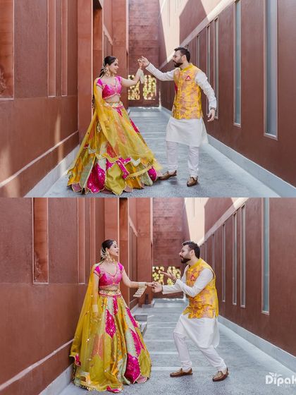 A diptych of a couple dancing playfully in a colorful corridor during their Haldi event. This shows the fun and energetic side of pre-wedding rituals.