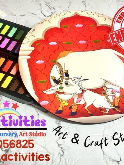 This image, featuring a beautiful Pichwai-style painting of a cow and calf, represents the blend of art and culture at my studio. I encourage creativity through various activities that also build social and emotional life skills.