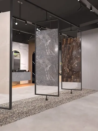 A unique hanging display system for large tiles, as designed in our 3D renders. This allows customers to easily view and compare different tile finishes side-by-side.