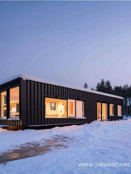 A conceptual image of one of my modern prefab homes in a winter wonderland. My factory-built homes are well-insulated and designed to withstand diverse climates, from monsoons to snow.