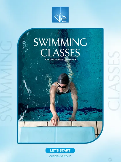 Ready to begin? This image of a swimmer poised on the starting block represents the moment you decide to join our fitness community and commit to your swimming goals.