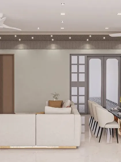 This design for a large apartment in Andheri shows how I approach expansive open-plan layouts. By using a consistent neutral color palette and distinct furniture groupings, I created separate, functional zones for living and dining that feel both spacious and connected.