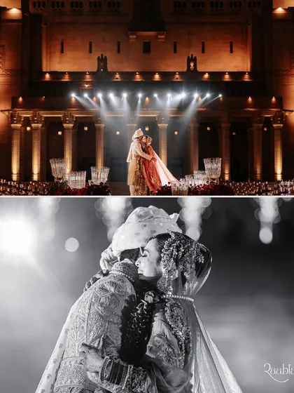 A collage showing the epic scale of the varmala and an intimate black-and-white embrace. Our goal is to create weddings that are both visually spectacular and emotionally profound.