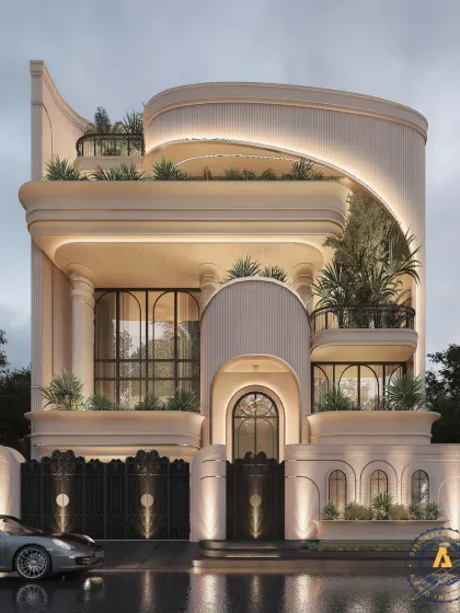 This beautiful facade on a 540 sq-yd plot blends classic charm with a softer, more inviting touch. Instead of sharp edges, we used smooth, flowing curves, solid pillars, and balanced design to make the house feel warm and welcoming.