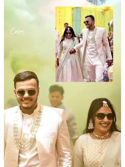 A creative edit showing the couple's cool entrance at their Haldi ceremony, with sunglasses on and a happy vibe.