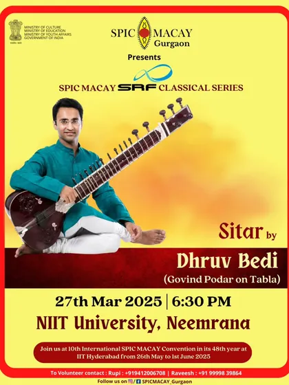 The announcement for my performance at NIIT University, Neemrana, as part of the SPIC MACAY SRF Classical Series.