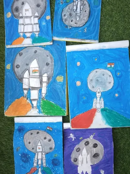 Collages showing the amazing variety of oil pastel drawings from our classes, from flowers and animals to landscapes and festive themes.