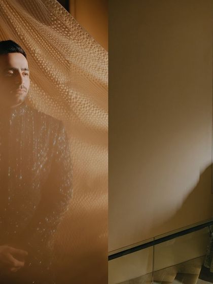 A diptych of groom Shashank and bride Tamanna. The artistic lighting and moody tones create a sophisticated and intimate portrait series from their evening event.