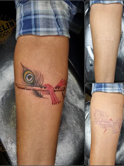 This collage shows how I concealed a forearm scar with a custom Krishna's flute tattoo. You can see the original scar, the stencil placement, and the final piece with its vibrant color and delicate shading, which integrates the scar seamlessly into the design.