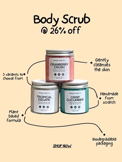 A graphic showcasing our Body Scrub, available in 3 variants. It gently cleanses, is handmade from scratch, and comes in biodegradable packaging.